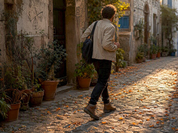 Traveler walking with backpack on cobblestones