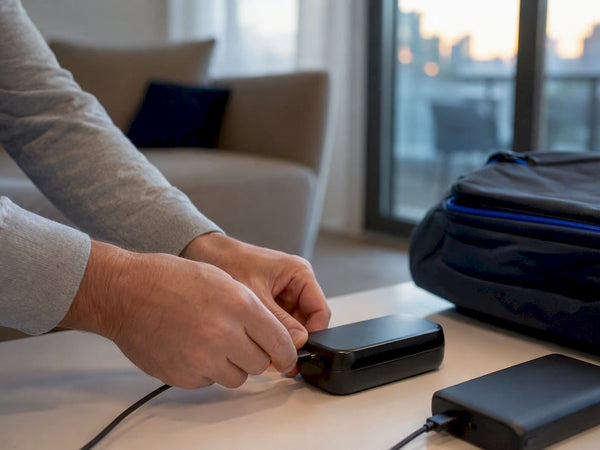 Plugging USB-C cable into travel pump charger