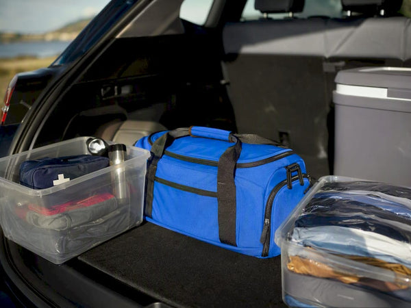Three organized packing bins in car trunk