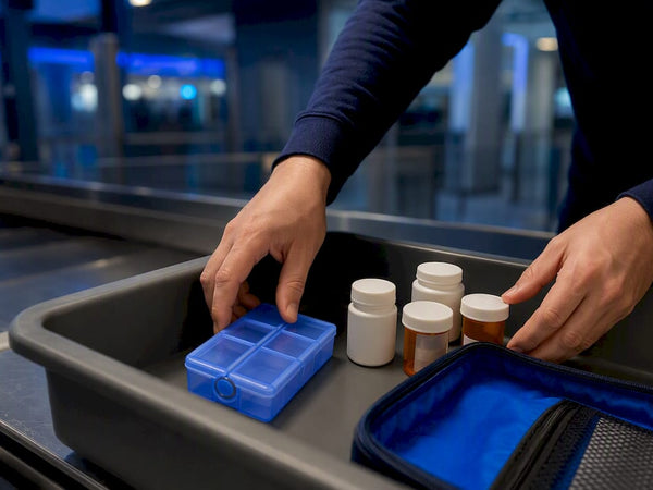 Medication tray prepared for airport screening