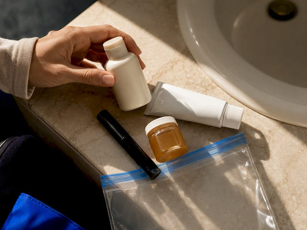 Traveler sorting TSA liquids into quart bag