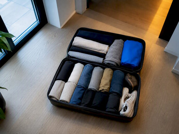 Suitcase arranged with organized clothing layers
