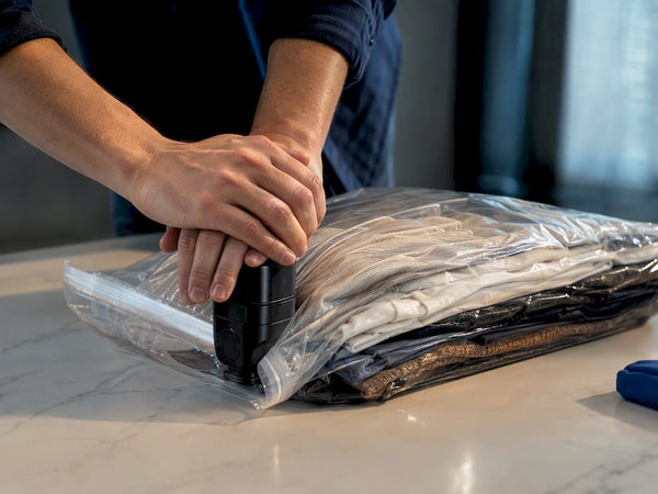 Hands compressing clothing inside travel bag