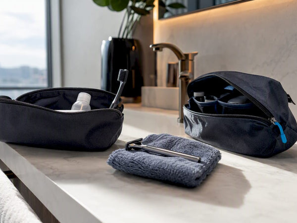 Anonymous toiletry organizers on hotel bathroom counter