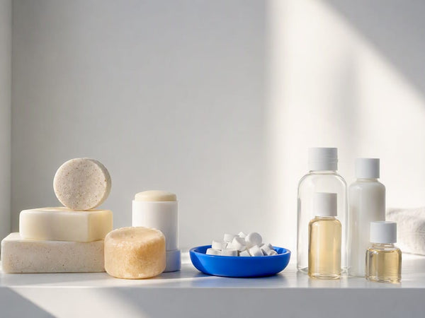 Solid and liquid toiletries side by side