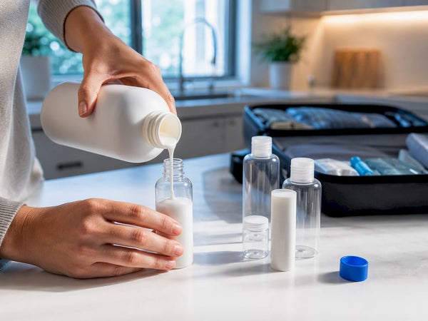 Hands decanting lotion into travel bottle