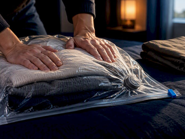 Hands compressing clothes inside vacuum bag