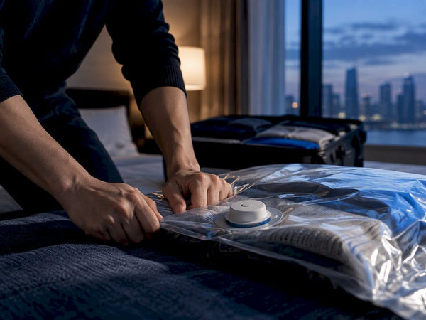 Traveler compressing clothes in a vacuum bag