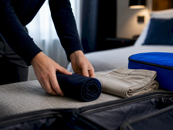 Rolled and folded clothes arranged for packing