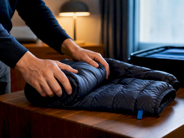 Hands rolling a puffer jacket for travel