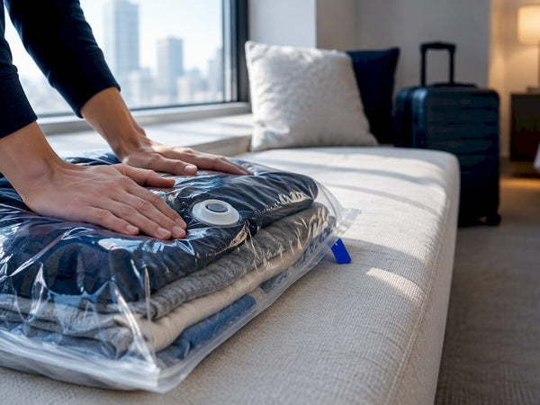 Hands compressing folded clothes for travel