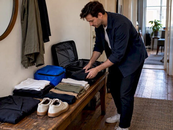 Minimalist men's wardrobe beside open carry-on