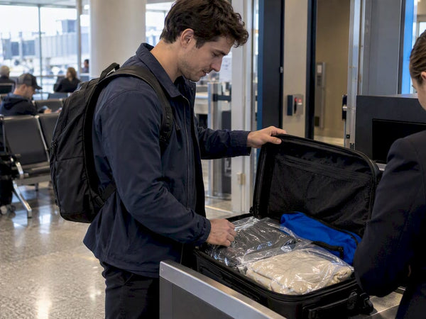 Traveler checks compressed clothes in carry-on