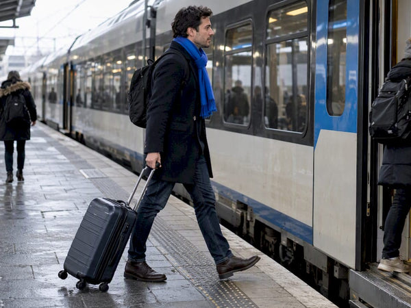 Traveler rolling carry-on on winter train platform