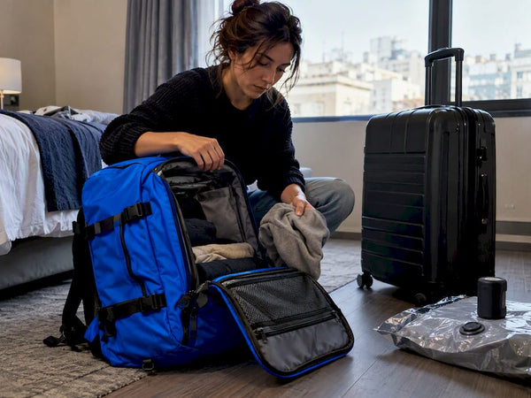 Traveler comparing a backpack and suitcase