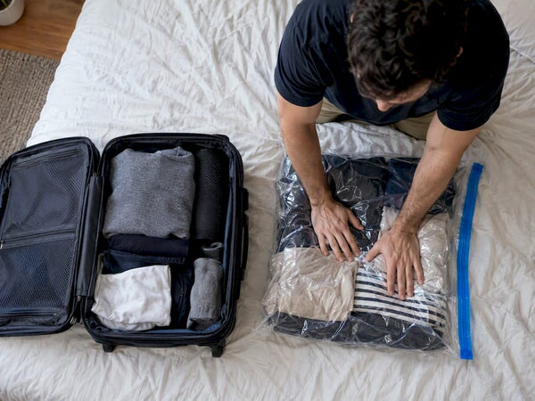 Traveler compressing clothes beside an open suitcase