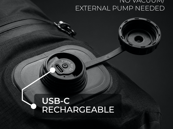 Stoiq built-in USB-C rechargeable compression pump close-up
