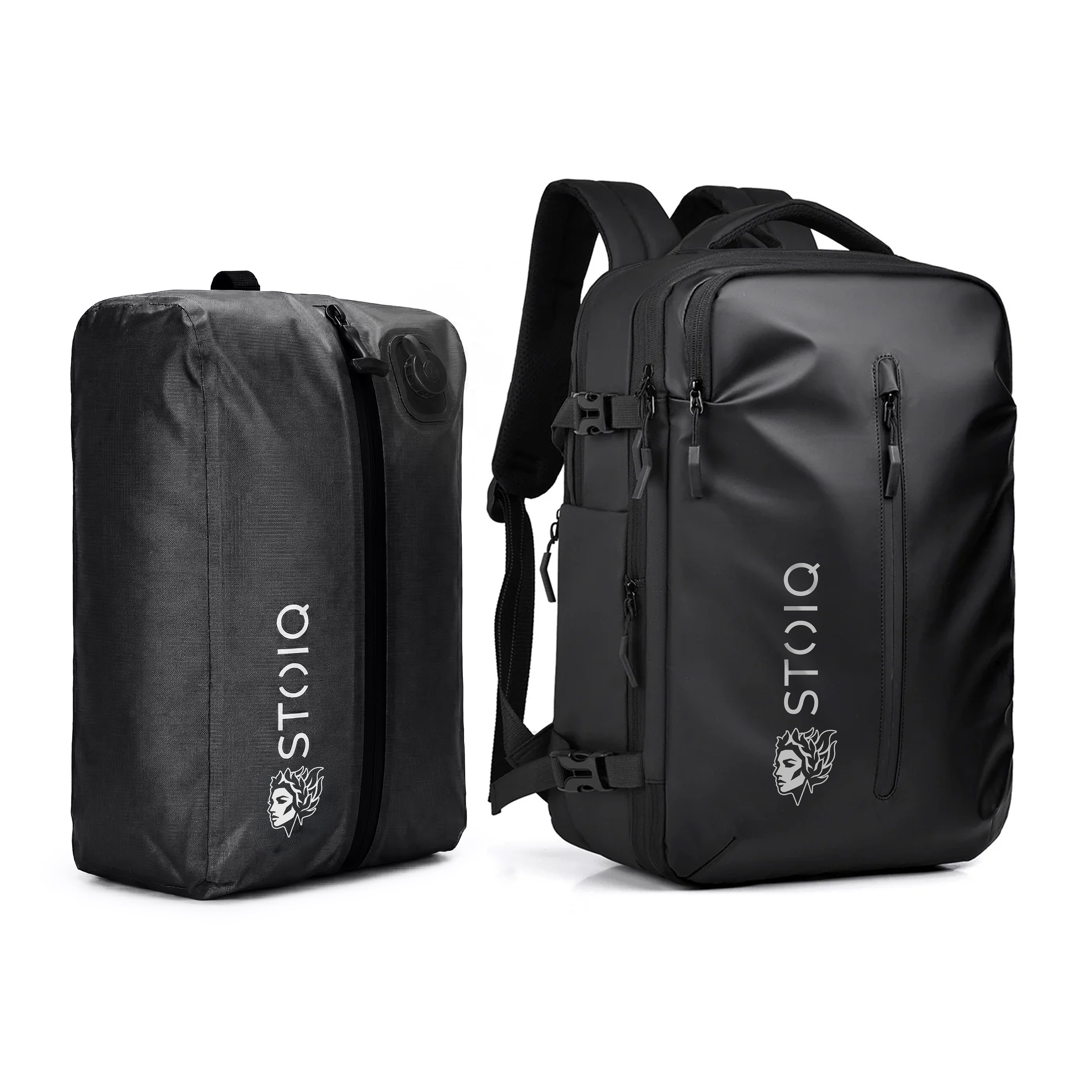 Stoiq Compression Backpack back panel shown with vacuum compression bag