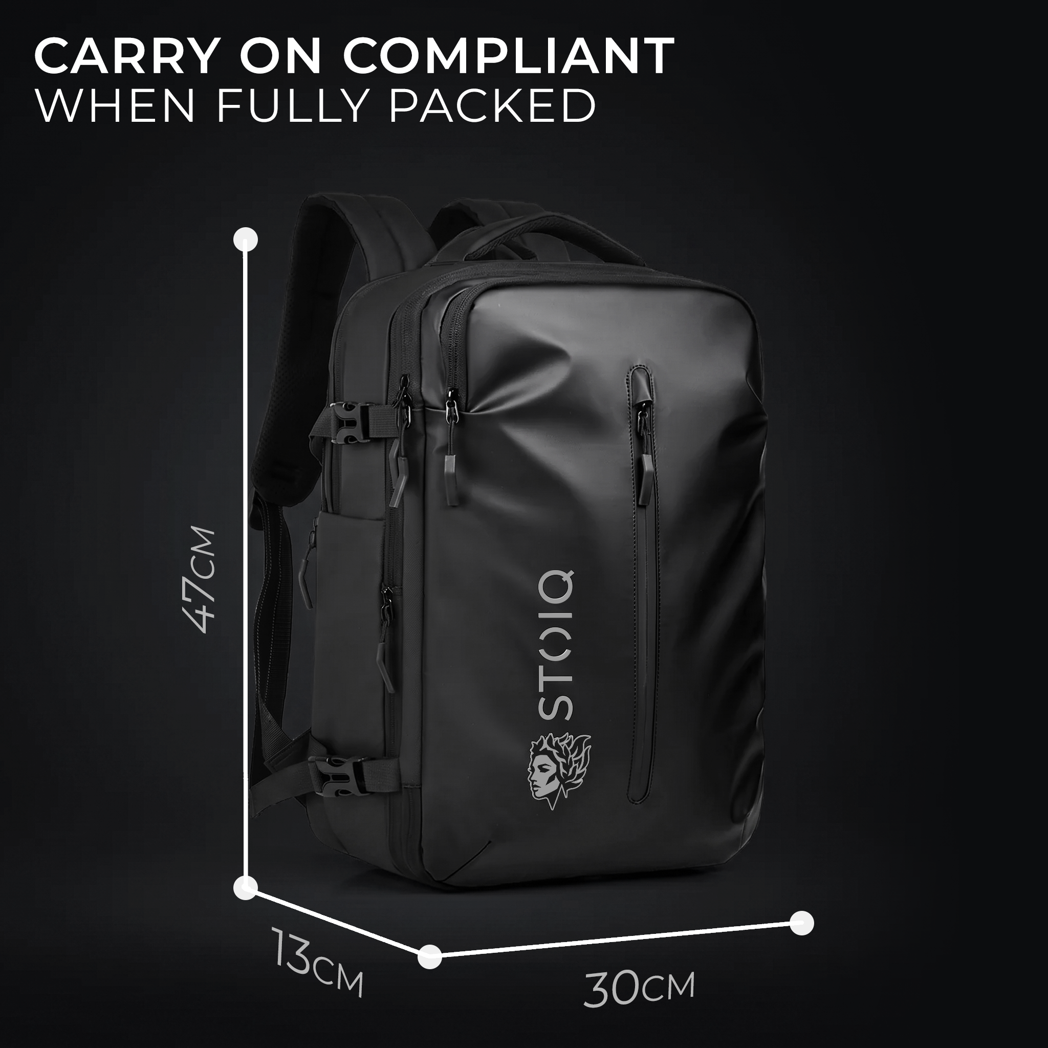 Stoiq Compression Backpack is carry-on compliant for airline cabin luggage