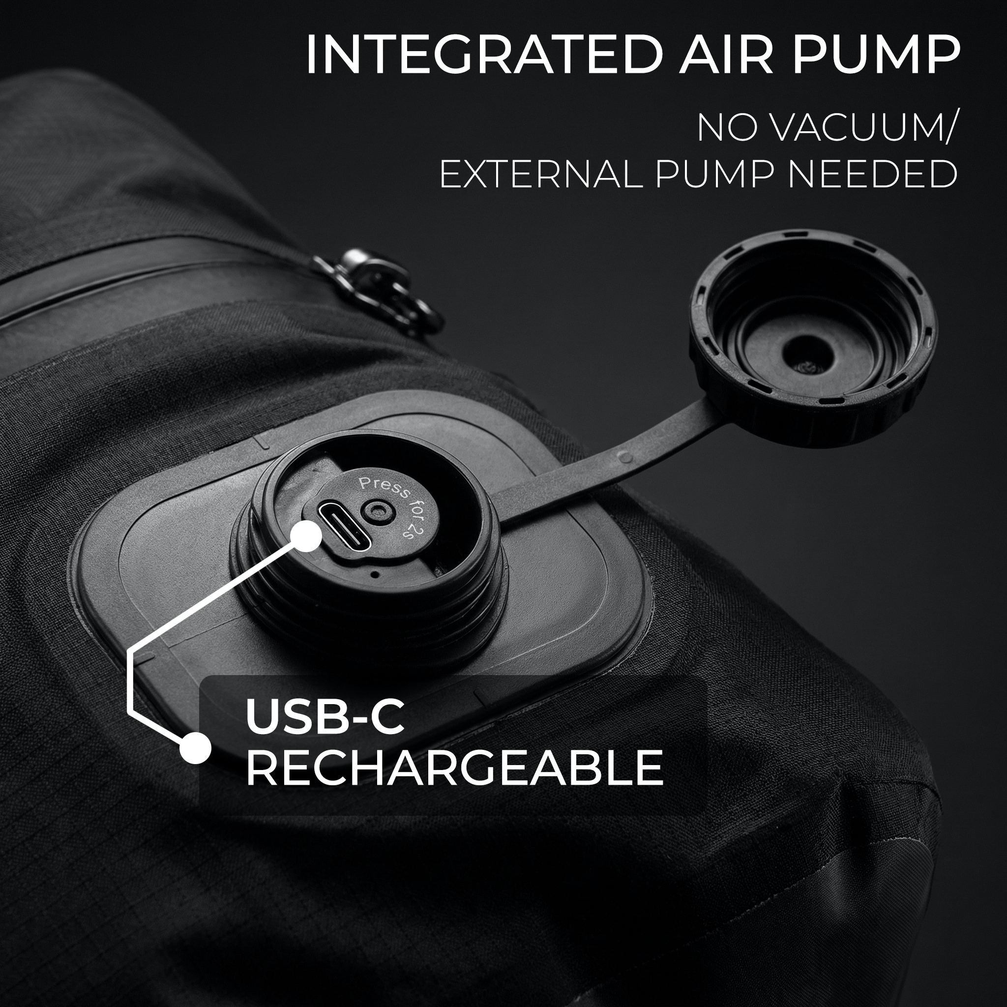 Stoiq built-in USB-C rechargeable vacuum pump on a compression travel bag
